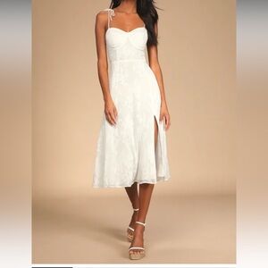 Lulus Loveliest Looks White Floral Jacquard Tie-Strap Midi Dress white size L